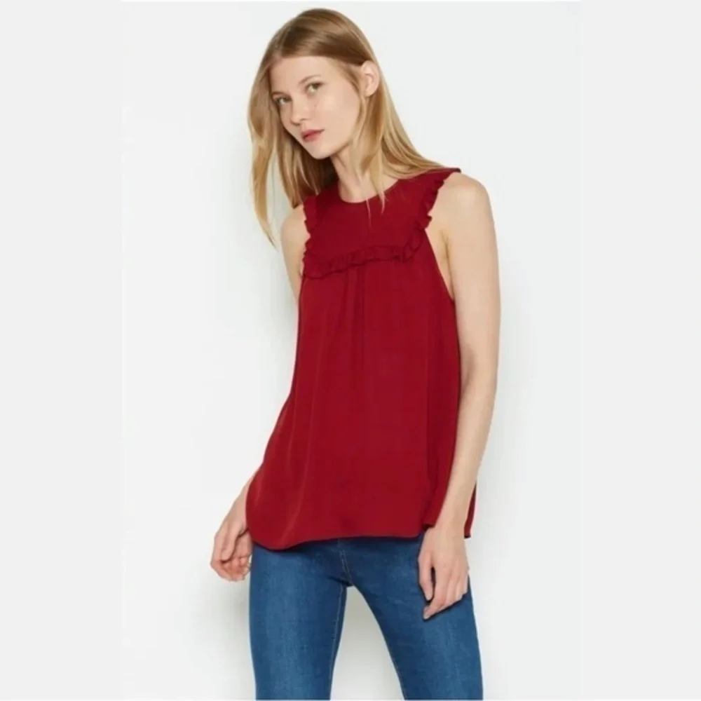 Joie SILK Gemini Silk Ruffle Sleeveless Tank Bordeaux Rose Dark Red Size S $208 - Picture 3 of 15